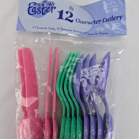 Vintage Easter Character Cutlery Plastic 12 Pieces Party Pink Green Purple New - Picture 1 of 6